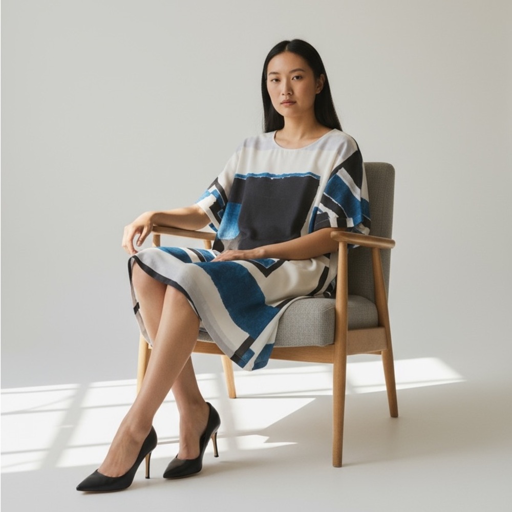 Natori Asymmetrical Dress in Blue and Black - Picture 2 of 11
